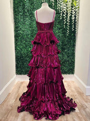 Sweetheart Spaghetti Straps Tiered A-Line Metallic Prom Dress