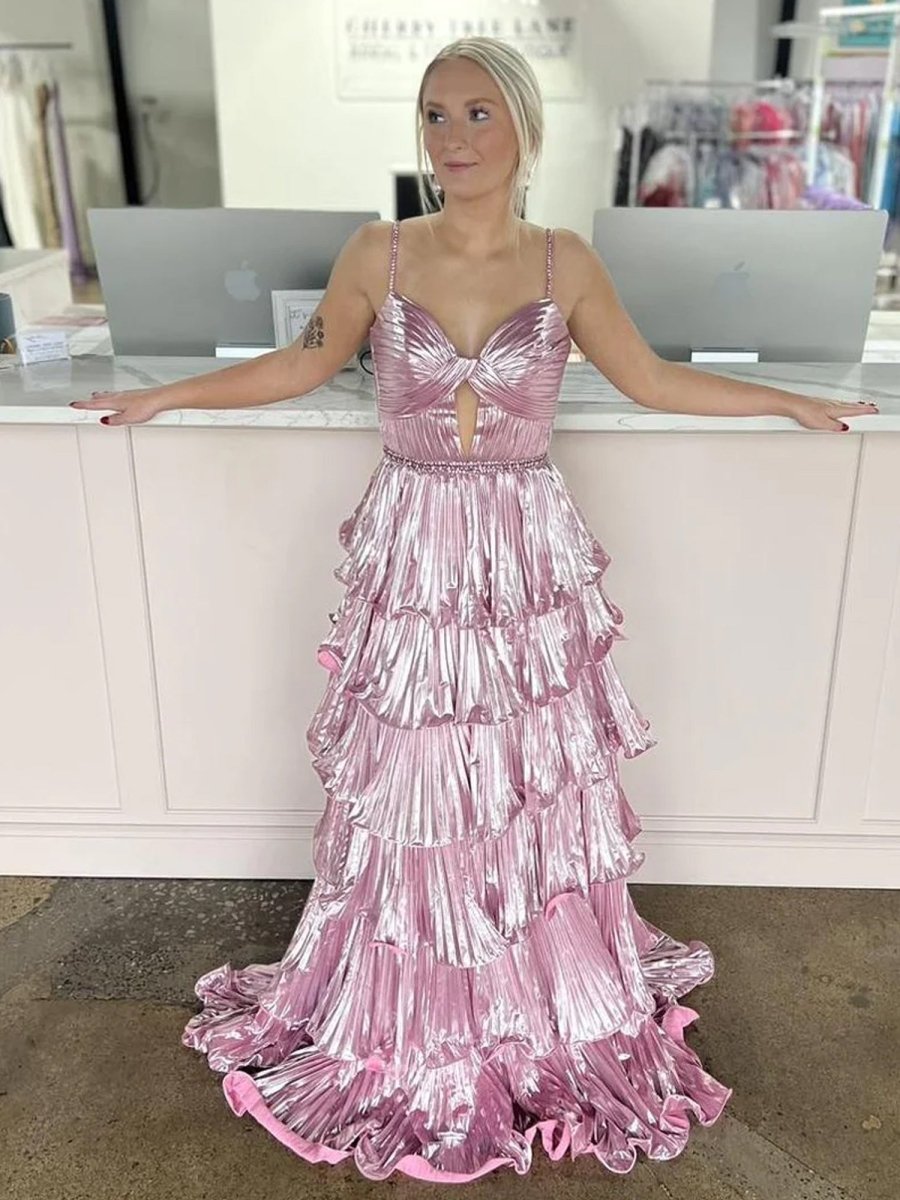 Sweetheart Spaghetti Straps Tiered A-Line Metallic Prom Dress
