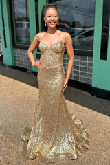 Gold Strapless Mermaid Sequins Long Prom Dress