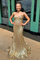 Gold Strapless Mermaid Sequins Long Prom Dress