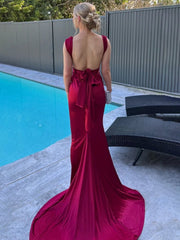 Burgundy Mermaid Straps Satin Pleated Long Prom Dress with Train