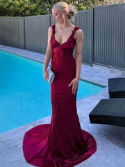 Burgundy Mermaid Straps Satin Pleated Long Prom Dress with Train