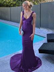 Burgundy Mermaid Straps Satin Pleated Long Prom Dress with Train