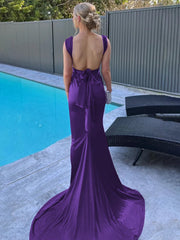 Burgundy Mermaid Straps Satin Pleated Long Prom Dress with Train