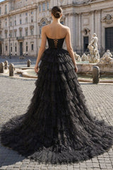 Black Strapless High Low Ruffles Tulle Prom Dress