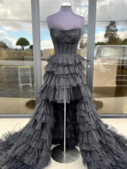 Black Strapless High Low Ruffles Tulle Prom Dress