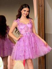 A Line Short Tulle Lilac Homecoming Dress with 3D Butterflies