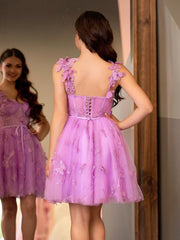 A Line Short Tulle Lilac Homecoming Dress with 3D Butterflies