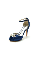 Royal Blue Silk Heels with Crystal Flower Ornament
