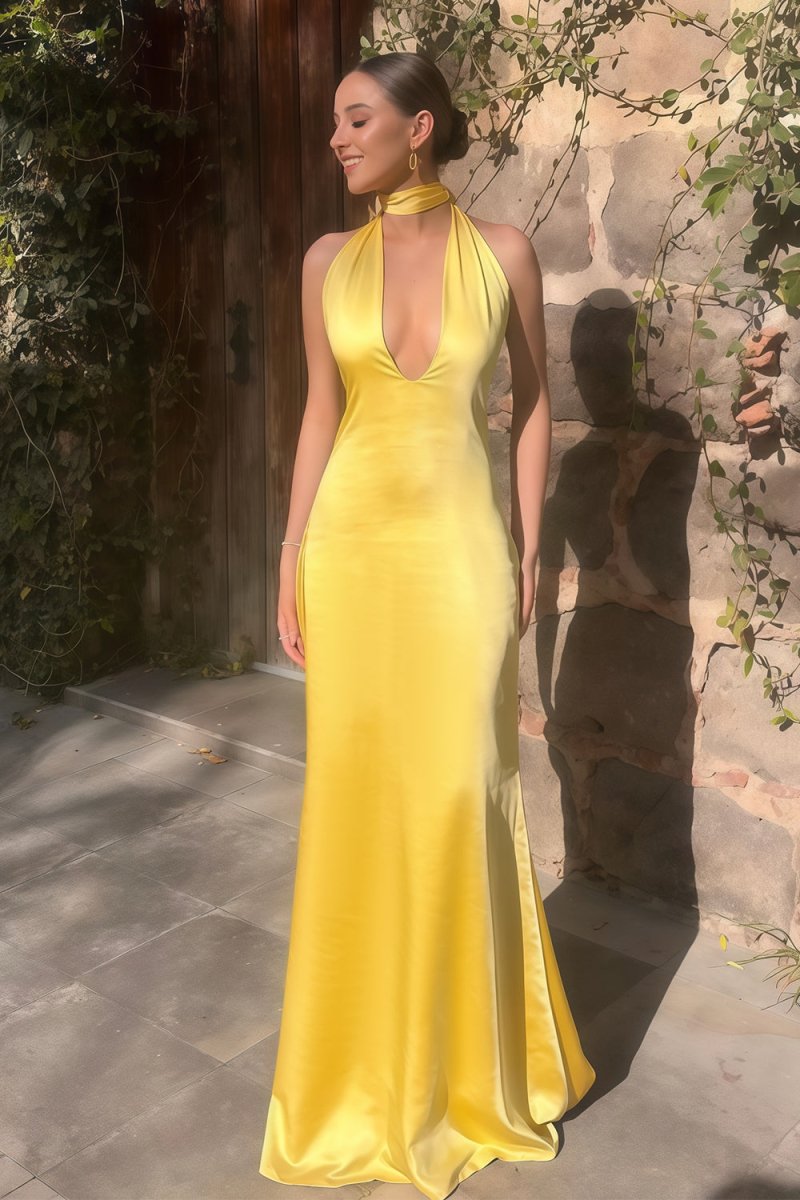 Yellow - Halter Deep V Neck Satin Sheath Backless Long Prom Dresses