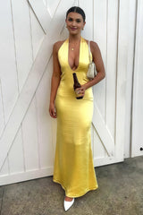 Yellow - Halter Deep V Neck Satin Sheath Backless Long Prom Dresses