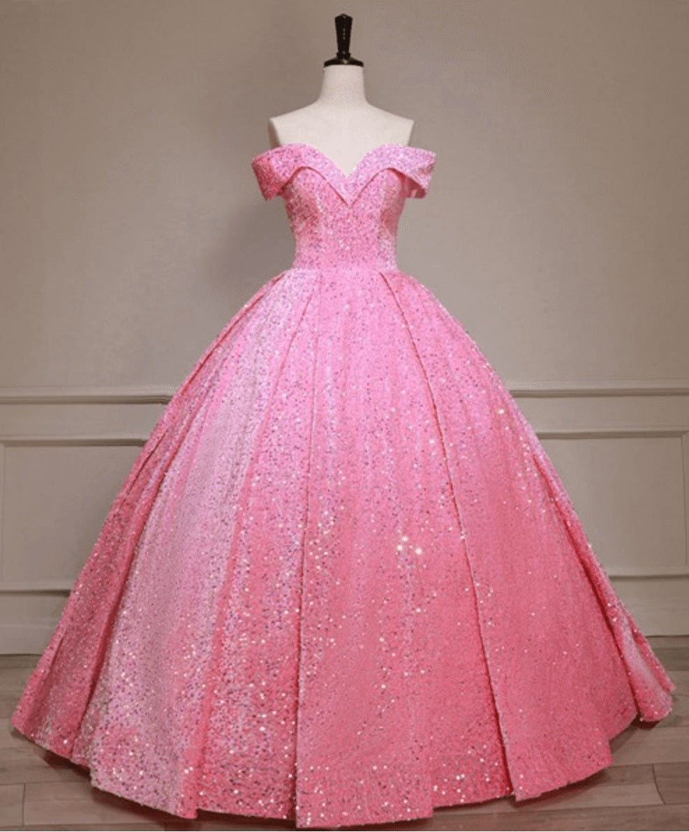 Pink Off The Shoulder Sequined Ball Gown Quinceanera Dresses
