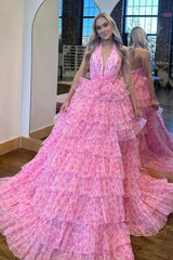 Pink Halter Tulle Printed Ruffle Tiered A Line Prom Dresses