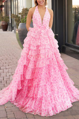 Pink Halter Tulle Printed Ruffle Tiered A Line Prom Dresses