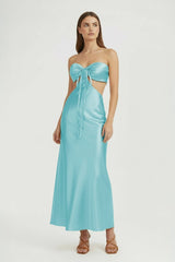Aqua Strapless Sheath Satin Open Back Prom Dresses With Cutout