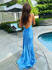 Blue Spaghetti Straps Mermaid Satin Backless Long Prom Dress