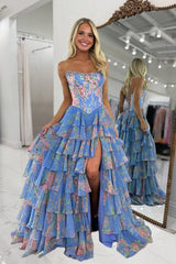 Periwinkle - Scoop Neck A Line Floral Chiffon Ruffled Prom Dresses With Beading