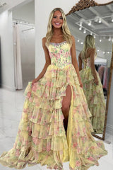Yellow - Scoop Neck A Line Floral Chiffon Ruffled Prom Dresses With Beading