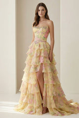 Yellow - Scoop Neck A Line Floral Chiffon Ruffled Prom Dresses With Beading