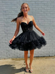 Black - A-Line Sweetheart Ruffle Tulle Homecoming Dress With Appliques