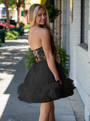 Black - A-Line Sweetheart Ruffle Tulle Homecoming Dress With Appliques