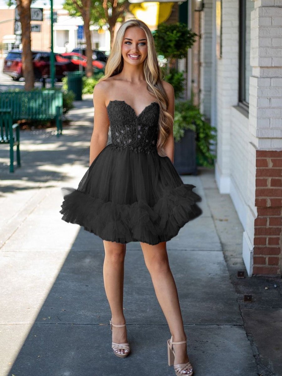 Black - A-Line Sweetheart Ruffle Tulle Homecoming Dress With Appliques