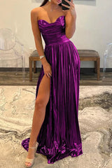 Green Metallic Strapless Pleated A-Line Long Prom Dresses