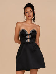 Black - Strapless A-Line Beaded Satin Homecoming Dress With Bow