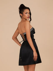Black - Strapless A-Line Beaded Satin Homecoming Dress With Bow