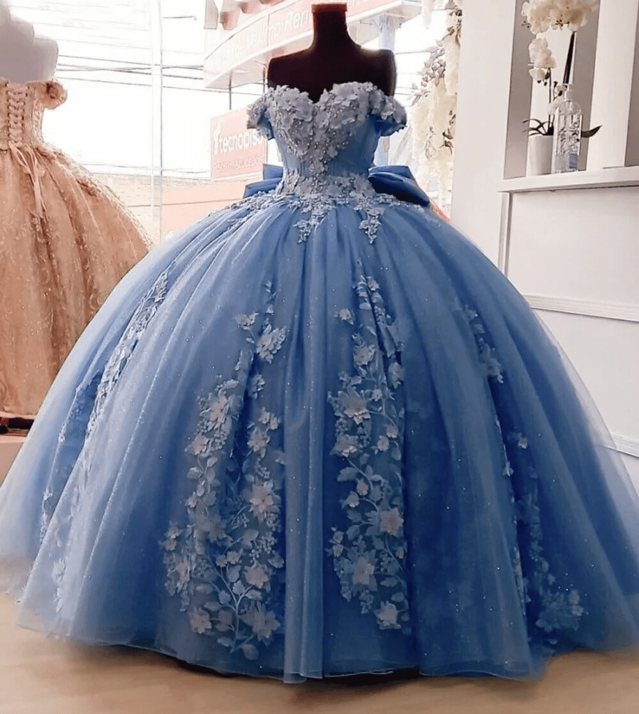 Off Shoulder 3D Floral Applique Quinceanera Dresses