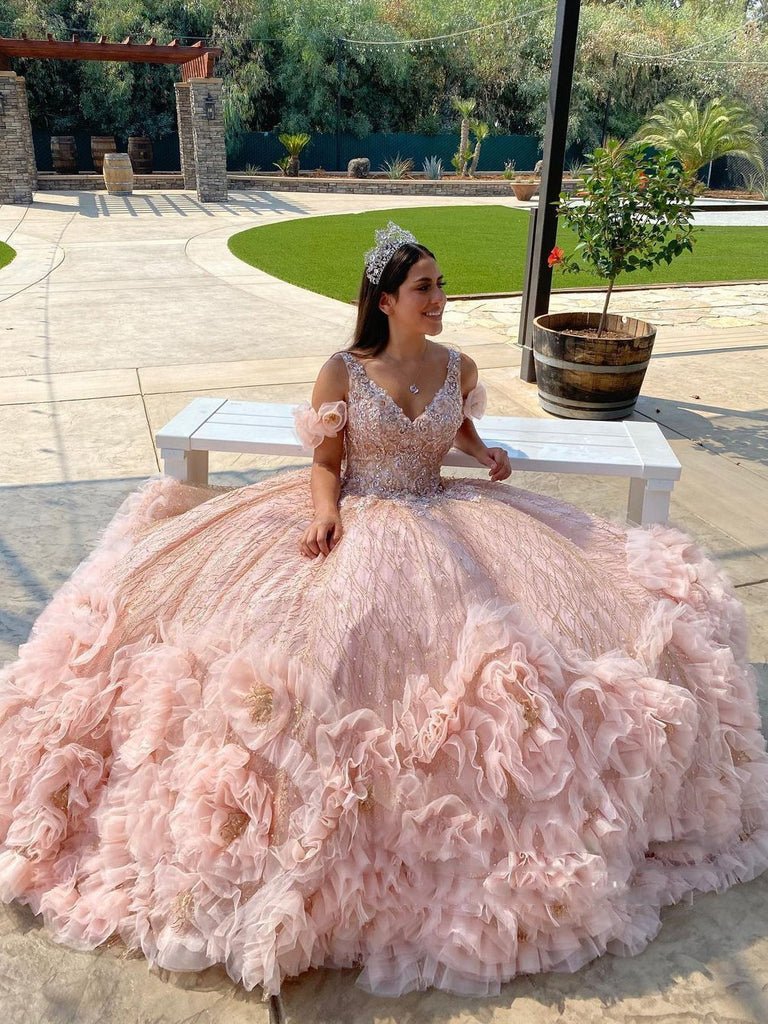 Blush Pink V Neckline Tulle Flower Quinceanera Dresses