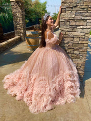 Blush Pink V Neckline Tulle Flower Quinceanera Dresses