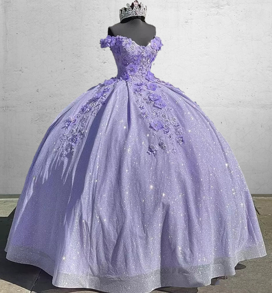Off the Shoulder Lavender Glitter 3D Floral Quinceanera Dresses