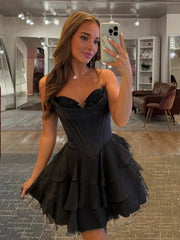 Black - A-Line Sweetheart Corset Ruffle Homecoming & Cocktail Dresses With Applique