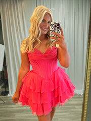 Coral - A-Line Sweetheart Corset Ruffle Homecoming & Cocktail Dresses With Applique