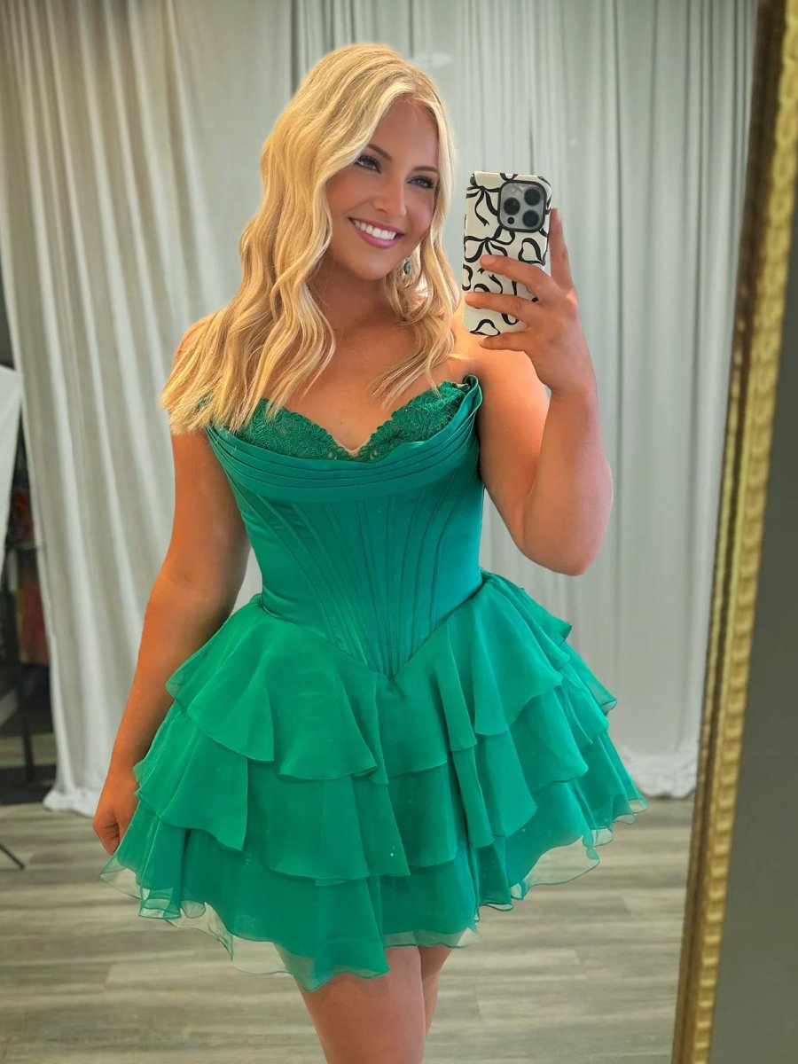 Emerald - A-Line Sweetheart Corset Ruffle Homecoming & Cocktail Dresses With Applique