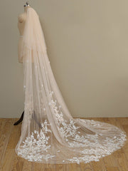 Ombre Champagne Floral Lace Ivory Cathedral Veil with Blusher Bridal Veil Wedding Veil