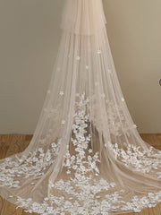 Ombre Champagne Floral Lace Ivory Cathedral Veil with Blusher Bridal Veil Wedding Veil