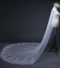 One Tier Cathedral Wedding Veils with Lace Applique
