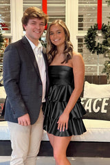 Black - Strapless A Line Metallic Ruffle Short Homecoming Dress