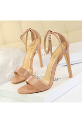 Open Toe Ankle Strap Patent Leather Stiletto Heels