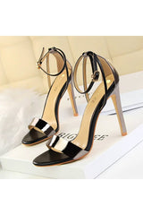 Open Toe Ankle Strap Patent Leather Stiletto Heels