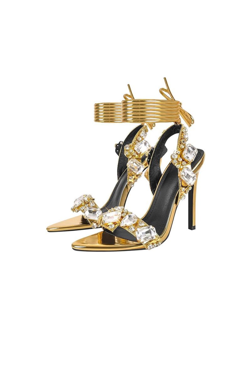 Open Toe Crystal-Embellished Metallic Lace-Up Stiletto Heels