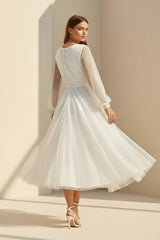 A-Line Tulle White Tea-Length Long Sleeve Wedding Dress