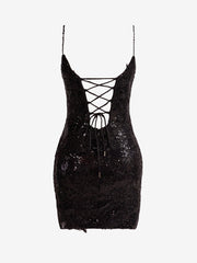 Black Sheath Spaghetti Straps Sequined Lace Homecoming Dress
