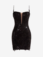 Black Sheath Spaghetti Straps Sequined Lace Homecoming Dress