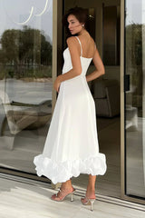 A Line Satin White Long Prom Dresses with Ruffles