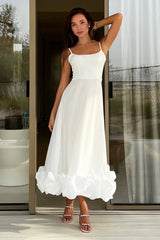 A Line Satin White Long Prom Dresses with Ruffles