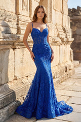 Hot Pink Lace Applique Long Mermaid Dress with Slit