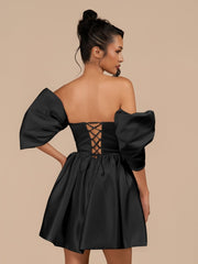 Black - A Line Satin Strapless Puffed Sleeves Short Homecoming Dresses